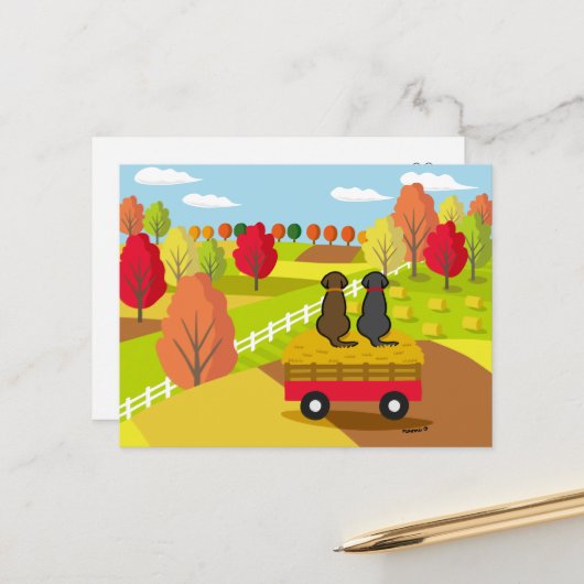 Zwei Labradoren auf dem Heukarren im Herbst Postka Postkarte (Vorderseite/Rückseite Beispiel)