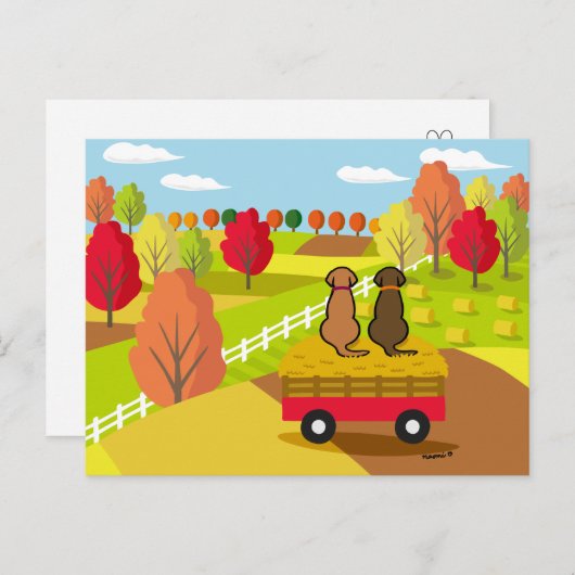 Zwei Labradoren auf dem Heukarren im Herbst Postka Postkarte (Vorne/Hinten)