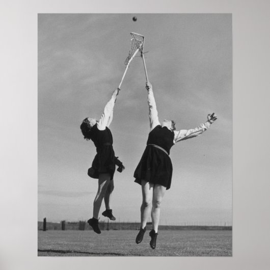 Zwei Lacrosse Spieler springen für den Ball. Poster (Vorne)