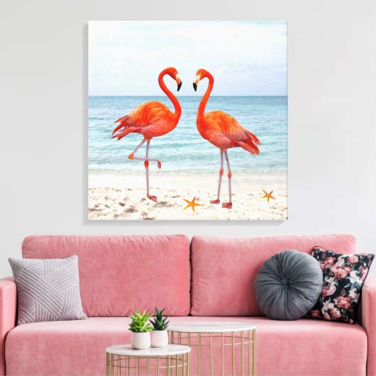 Zwei lebhafte rosa Flamingos an der Leinwand (Insitu (Wohnzimmer))