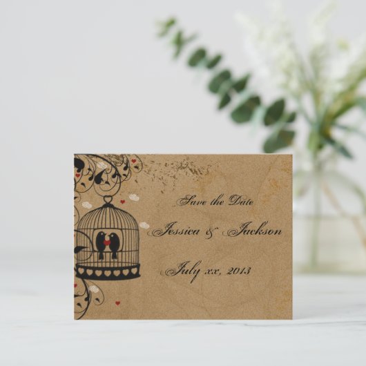 Zwei liebende Vögel Save the Date Postkarte (Stehend Vorderseite)