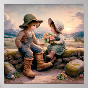 Zwei liebenswerte Vintage-Munchkins in Landkleidun Poster