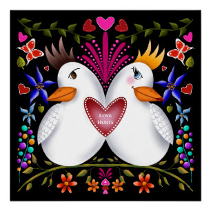 Zwei Liebesvögel Herz Blume Valentinstag Farbe Poster