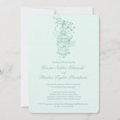 Zwei Liebesvögel öffnen Vogelkäfig Hochzeitsgrün Einladung (Rückseite)