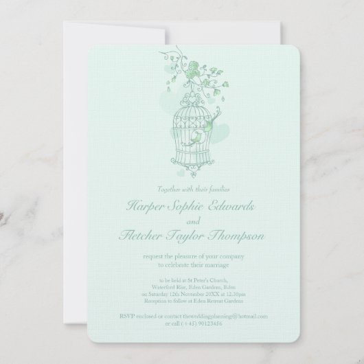 Zwei Liebesvögel öffnen Vogelkäfig Hochzeitsgrün Einladung (Rückseite)