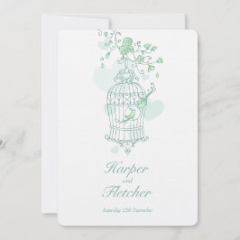 Zwei Liebesvögel öffnen Vogelkäfig Hochzeitsgrün Einladung