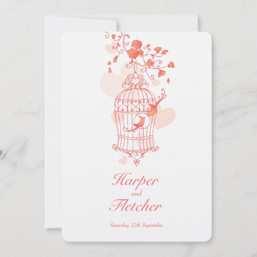 Zwei Liebesvögel öffnen Vogelkäfig Hochzeitskorall Einladung (Vorderseite)