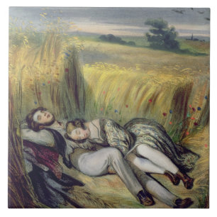 Zwei Liebhaber, die in einem Getreidefeld (litho, Fliese