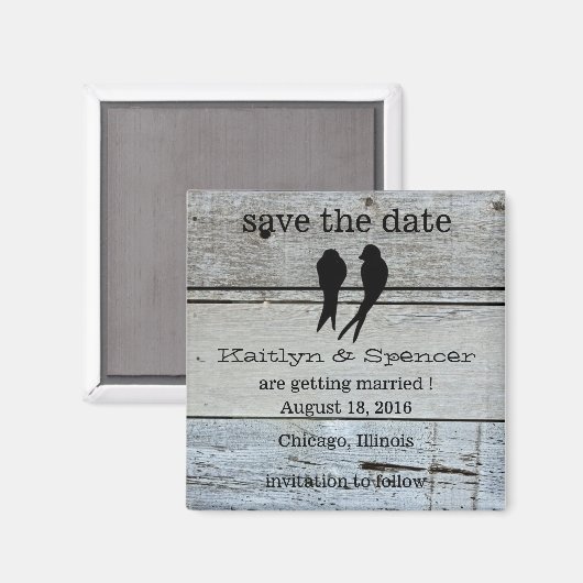 Zwei liebliche Vögel Rustikales Holz Save the Date Magnet (Vorderseite/Rückseite)