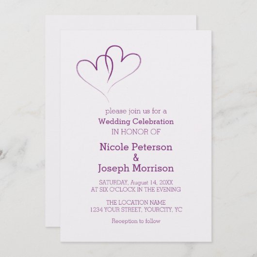 Zwei lila Herzen verflochten Einladung (Vorne/Hinten)