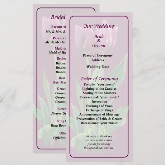 Zwei Lila Tulips-Hochzeitsprogramme Programm (Vorne/Hinten)