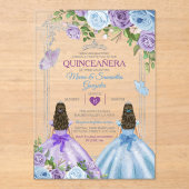 ZWEI Lila und blaue Schmetterlinge Silber Quinceañ Acryleinladungen (Vorderseite)