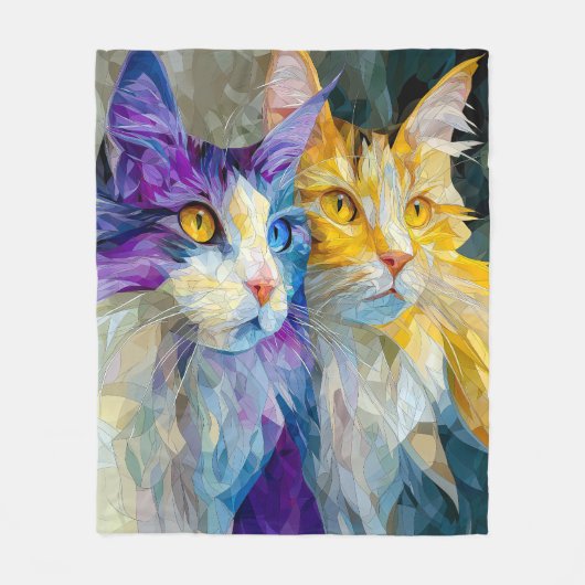 Zwei lila und gelbe Katzen Fleecedecke (Vorderseite)