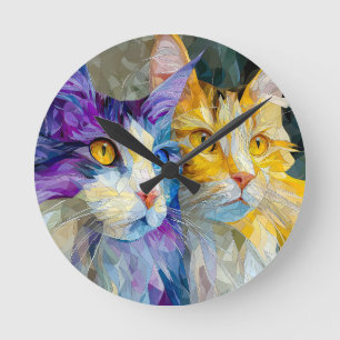 Zwei lila und gelbe Katzen Runde Wanduhr