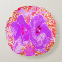 Zwei Lila und heiße Pink Pum Crazy Hibiskus in Rot Rundes Kissen