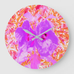 Zwei Lila und heiße rosa Pollen Crazy Hibiskus Große Wanduhr