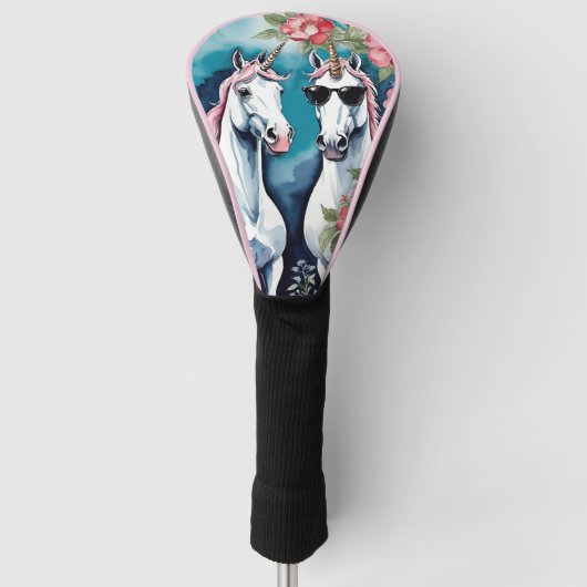 Zwei lustige Einhörner mit rosa Blumen Golf Headcover (Vorderseite)