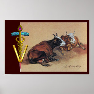 ZWEI LYKÜHE GOLD CADUCEUS VETERINÄRSYMBOL POSTER