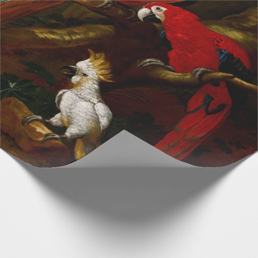 Zwei Macaws ein Cockatoo und eine Jay mit Obst Geschenkpapier (Ecke)