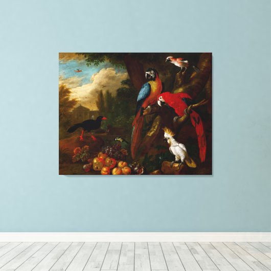 Zwei Macaws ein Cockatoo und eine Jay mit Obst Leinwanddruck (Insitu (Holzboden))