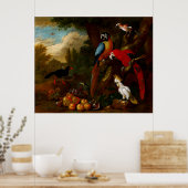 Zwei Macaws ein Cockatoo und eine Jay mit Obst Poster (Küche)