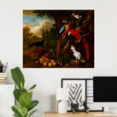 Zwei Macaws ein Cockatoo und eine Jay mit Obst Poster (Heimbüro)