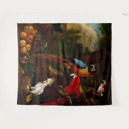 Zwei Macaws ein Cockatoo und eine Jay mit Obst Wandteppich (Vorderseite (Horizontal))