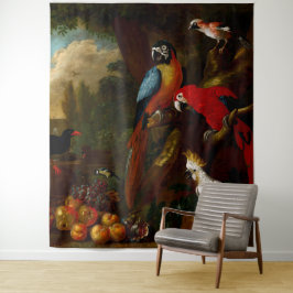 Zwei Macaws ein Cockatoo und eine Jay mit Obst Wandteppich