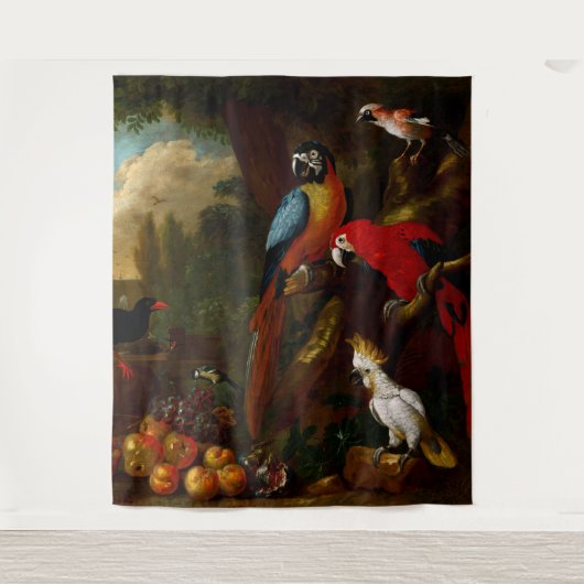 Zwei Macaws ein Cockatoo und eine Jay mit Obst Wandteppich (Vorderseite)