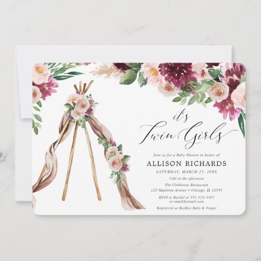 Zwei Mädchen boho rustikale Blumendusche Einladung (Vorderseite)