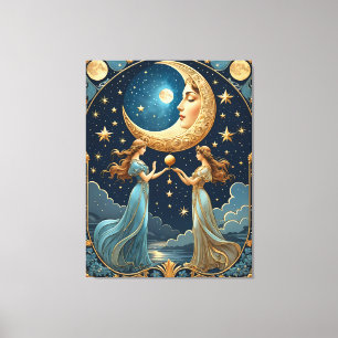 zwei Mädchen, die Magie mit dem Mond malen Leinwanddruck