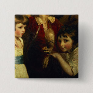Zwei Mädchen, eins, das mit einer Maske, Detail Button