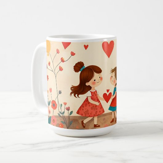 Zwei Mädchen in einer Blume Herz teilen Wiese Kaffeetasse (Vorderseite Links)