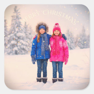 ZWEI MÄDCHEN KINDER IN SCHNEE SZENE WEIHNACHTS DES QUADRATISCHER AUFKLEBER