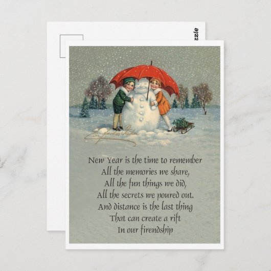 Zwei Mädchen mit Schneemann unter rotem Schirm Postkarte (Vorne/Hinten)