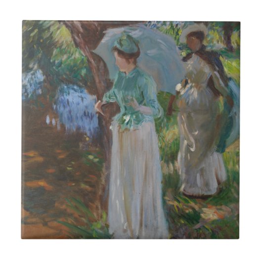 Zwei Mädchen mit Sonnenschirmen Fliese (Vorderseite)