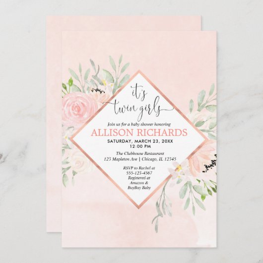 Zwei Mädchen Rosa Rosa Rosa Blütendusche Einladung (Vorne/Hinten)