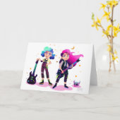 Zwei Mädchen spielen gemeinsam Rockgitarre Karte (Gelbe Blume)