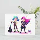 Zwei Mädchen spielen Rockgitarre zusammen-Karte Einladung (Stehend Vorderseite)
