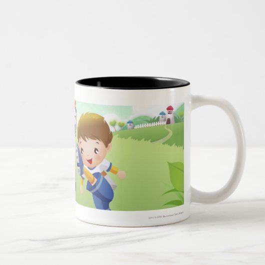 Zwei Mädchen und ein Junge, der Fußball spielt Zweifarbige Tasse (Rechts)