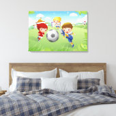 Zwei Mädchen und ein Junge spielen Fußball Leinwanddruck (Insitu (Schlafzimmer))