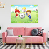 Zwei Mädchen und ein Junge spielen Fußball Leinwanddruck (Insitu (Wohnzimmer))