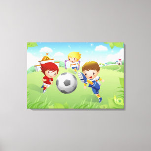 Zwei Mädchen und ein Junge spielen Fußball Leinwanddruck