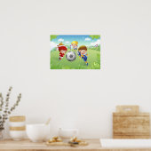 Zwei Mädchen und ein Junge spielen Fußball Poster (Küche)