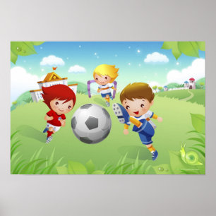 Zwei Mädchen und ein Junge spielen Fußball Poster