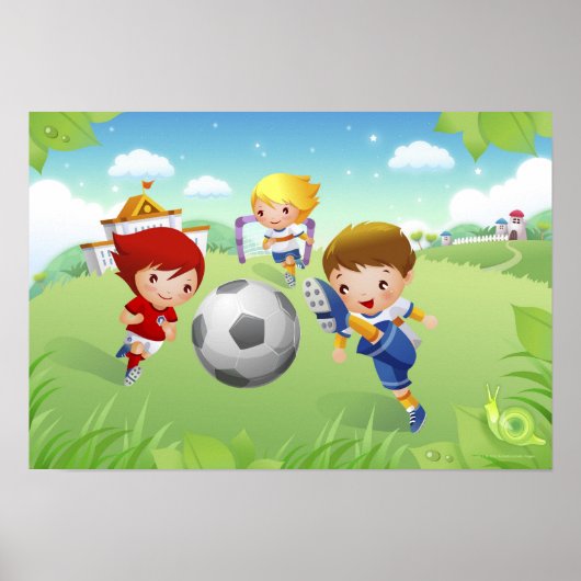 Zwei Mädchen und ein Junge spielen Fußball Poster (Vorne)