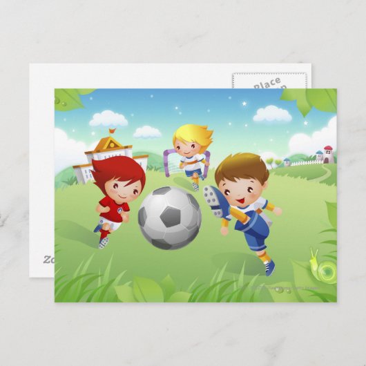 Zwei Mädchen und ein Junge spielen Fußball Postkarte (Vorne/Hinten)