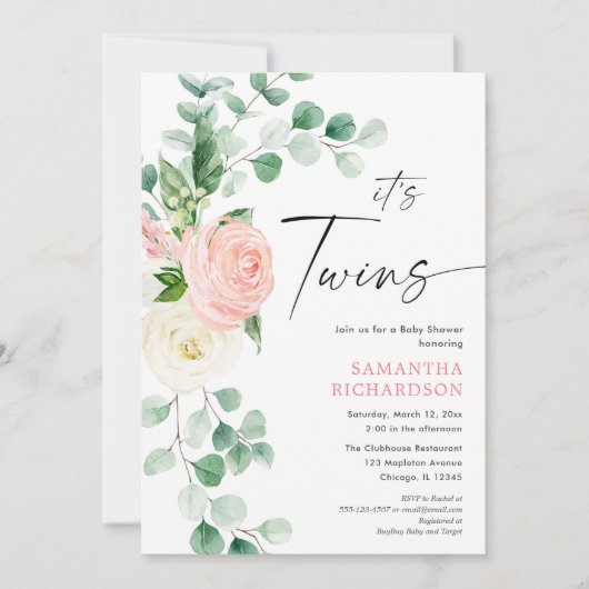 ZWEI Mädels Frühlingsblütengrün Babydusche Einladung (Vorderseite)