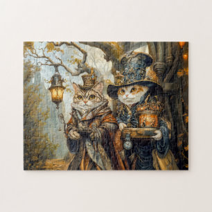 Zwei magische Katzen in einer Steampunk-Fantasiesz Puzzle