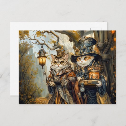 Zwei magische Katzen in einer Steampunkfantasiesze Postkarte (Vorne/Hinten)